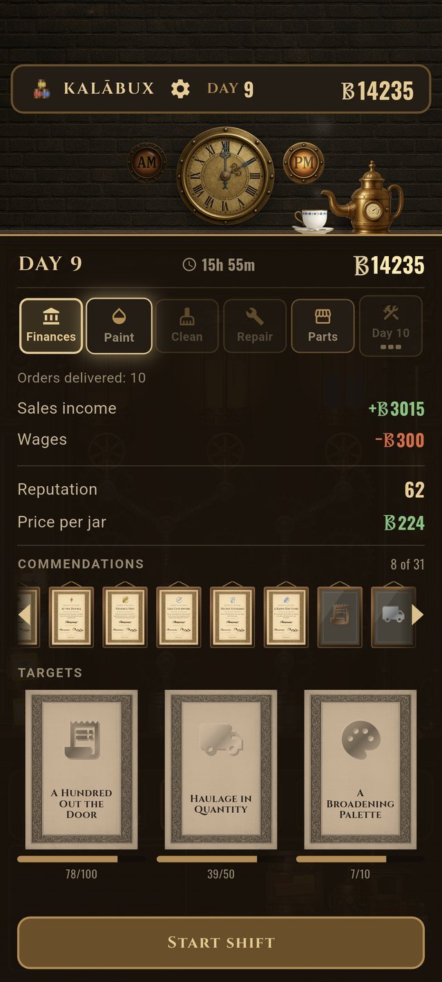The maintenance evening — the day's books, your commendations, and the targets you're chasing.